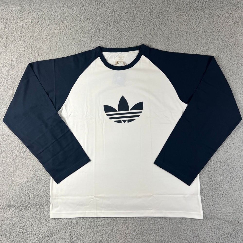 Adidas Raglan T-Shirt Men's 2XL White Navy Trefoil Logo Long Sleeve CL Contrast